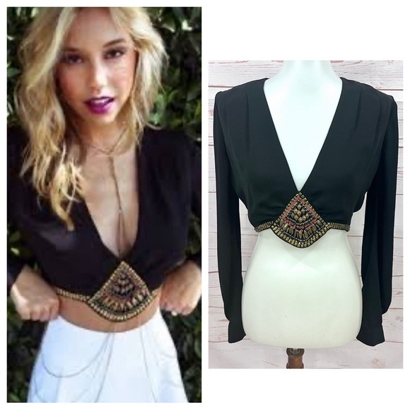 bebe Tops - Bebe Boho Long Puffy Sleeved Black Beaded Embellished Crop Top